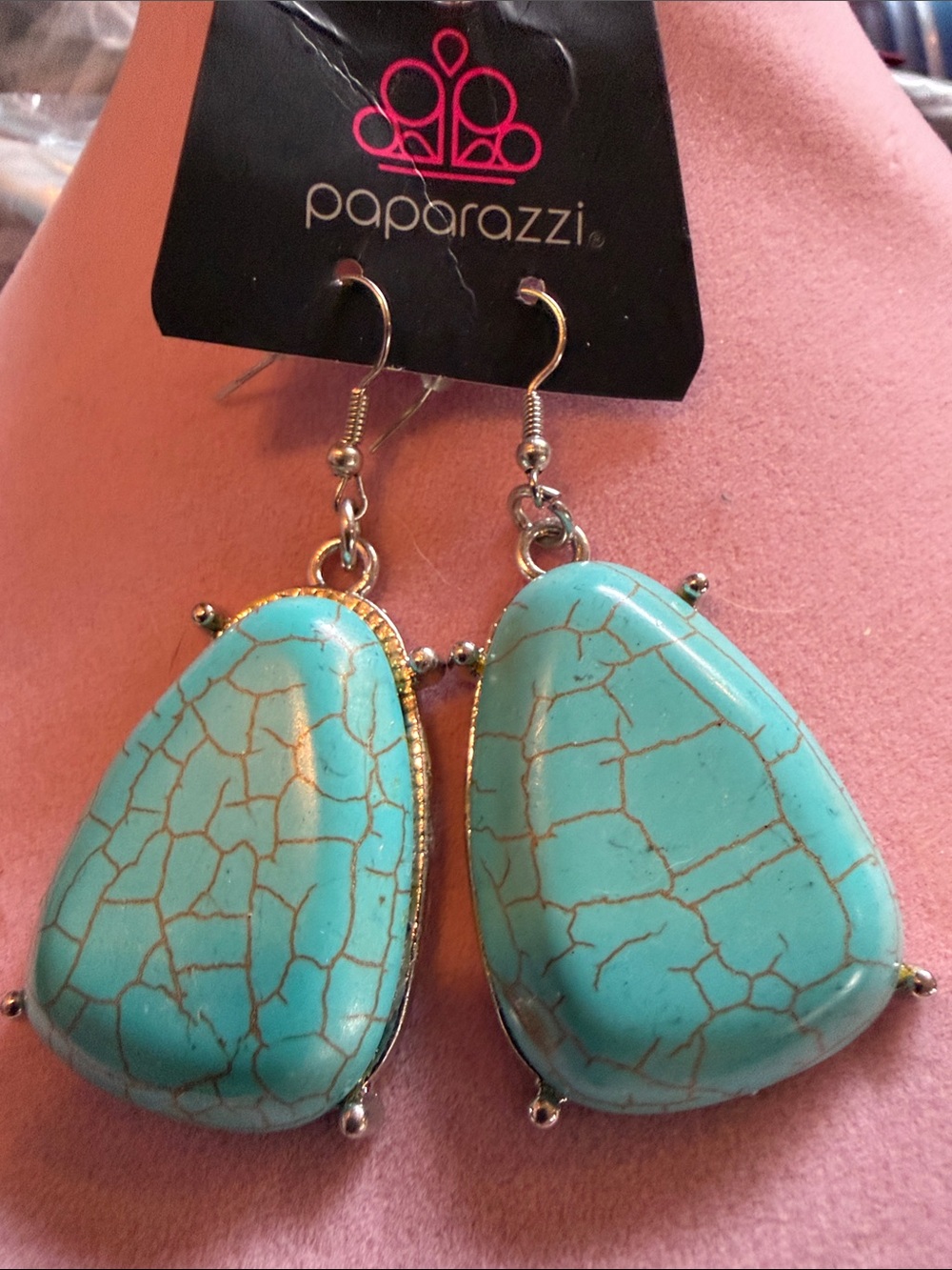 Paparazzi Turquoise Colored Crackle Teardrop Dangle 2” Earrings (J0295)